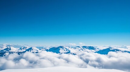 Poster - Breathtaking panoramic view of snow capped mountains under a bright blue sky with fluffy clouds in the distance : Generative AI