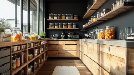 Wall Mural - Food storage and prep in kitchen with wall shelves, wood counters and light background