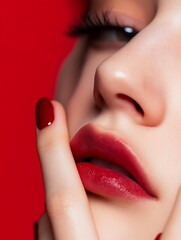 Aufkleber - Close up portrait of a model with bold red lips against a striking red background highlighting beauty and elegance : Generative AI