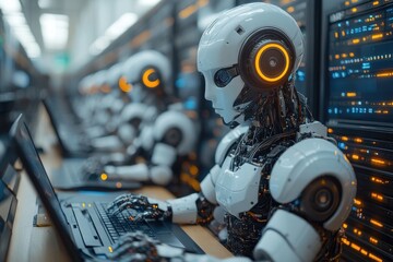 Poster - Robots working on advanced computing tasks in a high-tech server room during the day