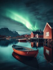 Fototapete - Scandinavian village under the northern lights with calm waters and cozy cabins at night. Generative AI