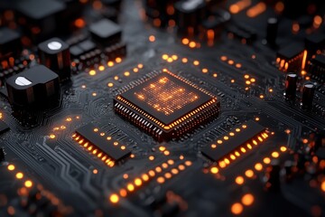 Poster - Close-up view of a circuit board with illuminated components showcasing intricate electronic design and technology