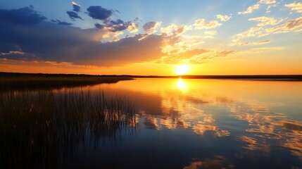Poster - Stunning sunset over tranquil water with reflections and vibrant clouds in the evening sky : Generative AI