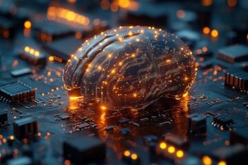 Poster - Visually stunning representation of a brain made of glowing circuits on a computer motherboard at night