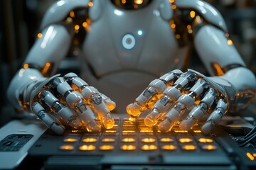 Poster - Futuristic robot creating light patterns on a control panel in a high-tech workshop at night