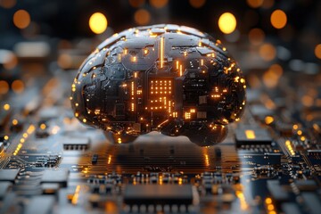 Poster - Artificial intelligence brain with circuits glowing above a circuit board at night