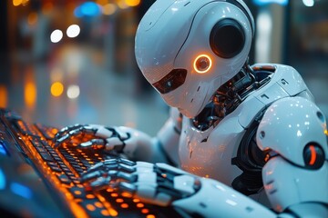 Poster - Robot working on a computer keyboard in a modern technology environment with glowing lights
