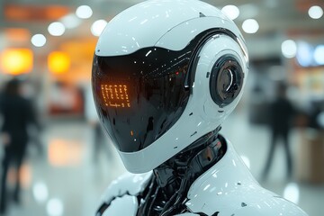 Poster - Futuristic humanoid robot with glowing facial display in a bustling technology exhibition at night
