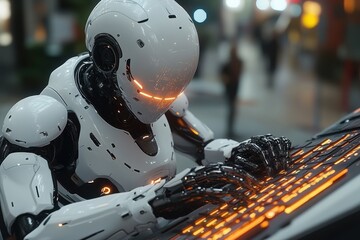 Poster - Robot using a keyboard in a modern urban setting at night showcasing advanced technology and digital interaction