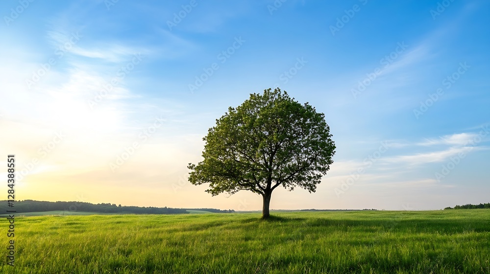 Lone tree standing tall amidst a vast green field under a bright blue ...