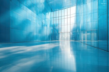 Poster - Bright glass interior with vivid blue reflections and natural light in a contemporary architectural space