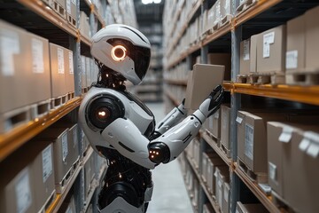Poster - Robot sorts and organizes packages in a modern warehouse during daytime operations
