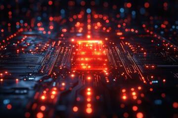 Poster - Illuminated circuit board in dark environment showcasing intricate technology details