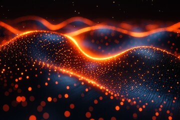 Poster - Artificial landscape with glowing waves of orange dots on a dark background representing technological energy