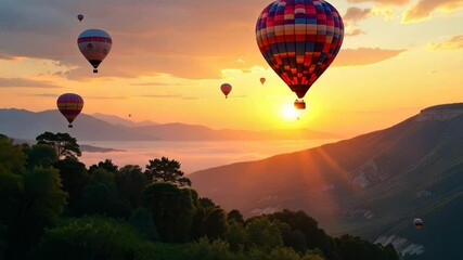 Fototapete - A hot air balloon is flying over a forest. The sky is dark and cloudy. The balloon is orange and white