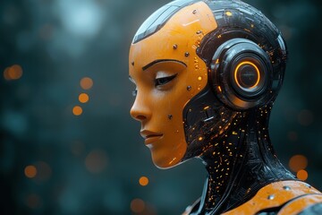 Poster - Sophisticated humanoid robot stands amidst a futuristic environment with glowing elements
