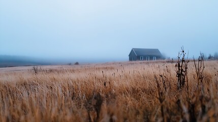 Poster - Lonely house on a foggy field surrounded by tall grass in a serene landscape : Generative AI