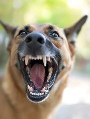 Poster - Dynamic close up of a happy dog barking joyfully in a sunlit outdoor setting capturing lively pet expression : Generative AI