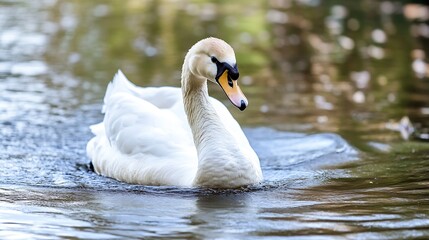 Poster - Elegant swan gracefully swimming on the calm surface of a serene lake surrounded by lush nature : Generative AI