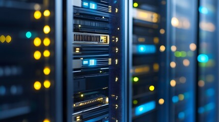 Fototapete - CloseUp View of a Dynamic and Modern Data Center with Illuminated Server Racks and Lights : Generative AI