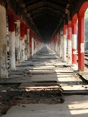 Poster - Long abandoned train platform with weathered columns and empty tracks creating a serene atmosphere : Generative AI