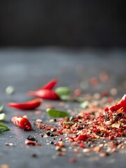 Poster - Vibrant red chili peppers and crushed spices scattered on a dark surface showcasing culinary ingredients : Generative AI