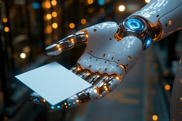 Poster - Robotic hand holding a blank card in a futuristic setting with soft lighting