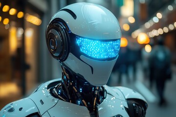 Poster - Robotic figure stands in a bustling city walkway showcasing advanced technology and sleek design