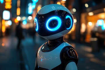 Poster - Futuristic robot in a vibrant city at night, showcasing advanced technology and urban life