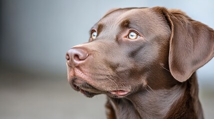 Poster - Close up of an expressive brown Labrador dog looking curiously with bright eyes and a soft coat : Generative AI