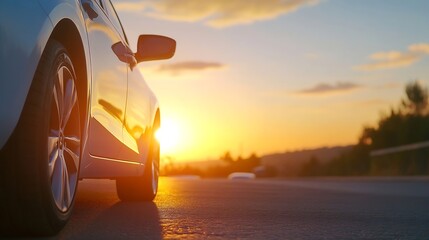 Aufkleber - Stunning sunset view of a white car parked on a scenic highway with vibrant colors in the sky : Generative AI