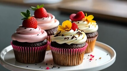 Poster - A white cake stand with four cupcakes on it. The cupcakes are decorated with frosting and raspberries