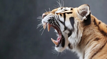 Poster - Ferocious Tiger Yawning with Powerful Display of Teeth and Striking Stripes Captured Up Close : Generative AI