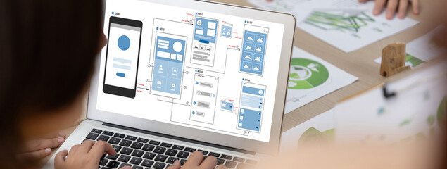 Poster - UX UI design process for brisk mobile application and website . Creative prototype of wireframe for professional app developer .