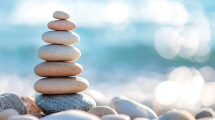 Leinwandbilder - Artfully stacked stones forming a tranquil and balanced arrangement by the water's edge : Generative AI