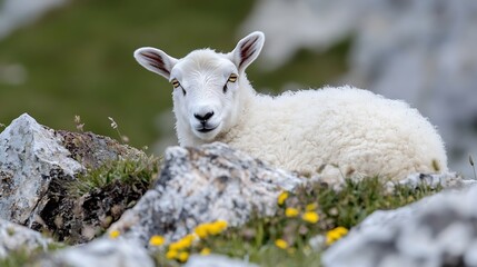 Poster - Adorable White Sheep Relaxing on Rocky Ground Surrounded by Colorful Wildflowers on a Sunny Day : Generative AI