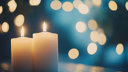 Leinwandbilder - Two white candles glowing softly in a serene setting with dreamy bokeh lights in the background : Generative AI