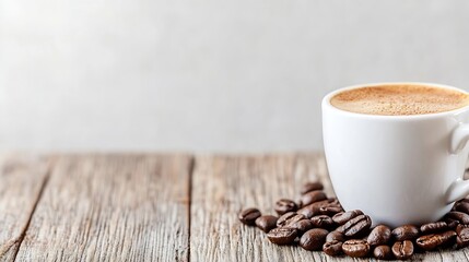 Aufkleber - Steaming coffee in a white cup surrounded by roasted coffee beans on a wooden table : Generative AI