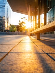 Aufkleber - Vibrant sunset view illuminating a modern urban sidewalk with a wooden bench and glass buildings : Generative AI