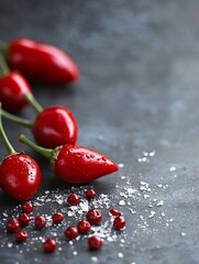 Poster - Vibrant red chili peppers scattered on a dark surface with droplets reflecting freshness and flavor : Generative AI