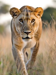 Poster - Majestic lioness walking confidently through tall grass under a clear blue sky : Generative AI