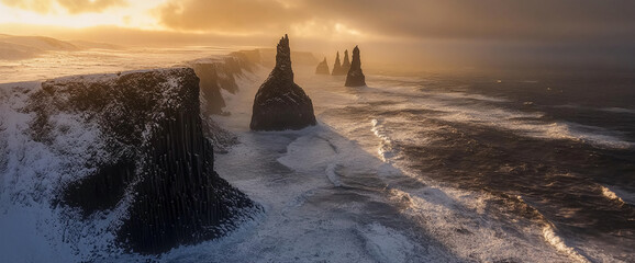 Aufkleber - Snow-covered rocky coastline with towering rock formations at sunset, waves crashing on the beach, showcasing the wild beauty and dramatic atmosphere of a remote winter landscape.