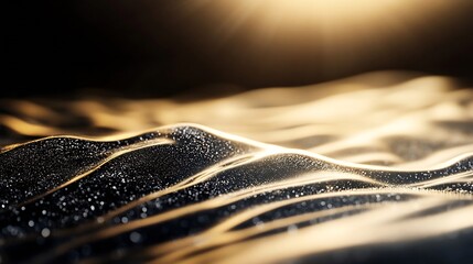 Poster - Stunning close up of gently flowing golden waves illuminated by a dramatic light in a dark setting : Generative AI