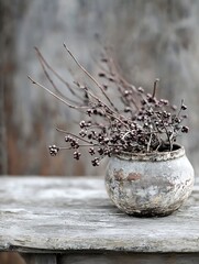 Poster - Elegant rustic clay pot with dried branches displayed on wooden table against a muted grey backdrop for a minimalistic aesthetic : Generative AI