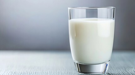 Poster - Fresh milk served in a clear glass against a blurred gray background showcasing its creamy texture : Generative AI
