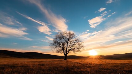 Aufkleber - Solitary tree captured at sunset against a picturesque sky highlighting nature's tranquility and beauty : Generative AI