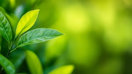 Aufkleber - Fresh green tea leaves glowing in the sunlight creating a serene natural background : Generative AI