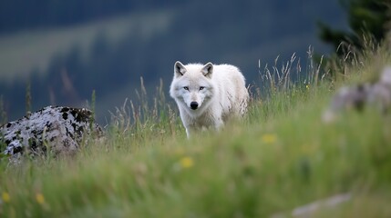 Poster - A majestic white wolf cautiously exploring the vibrant green hillside amidst natural surroundings : Generative AI