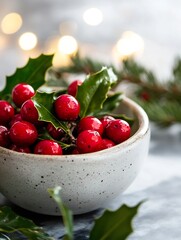 Poster - Fresh Seasonal Red Berries with Green Leaves in a Rustic Bowl Surrounded by Christmas Lights : Generative AI