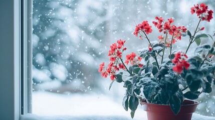 Poster - blooming red hyperastrums on the window against the backdrop of a snowy landscape